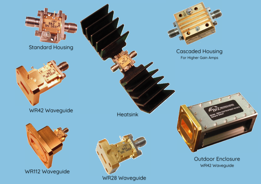 B&Z comparison of standard, cascaded, heatsink, waveguide WR28 WR42 WR112 and outdoor amplifier enclosures