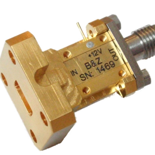 B&Z Technologies WR28 waveguide amplifier housing, manufacturer outline 100145. Representative housing photograph; not an exact-model photograph.