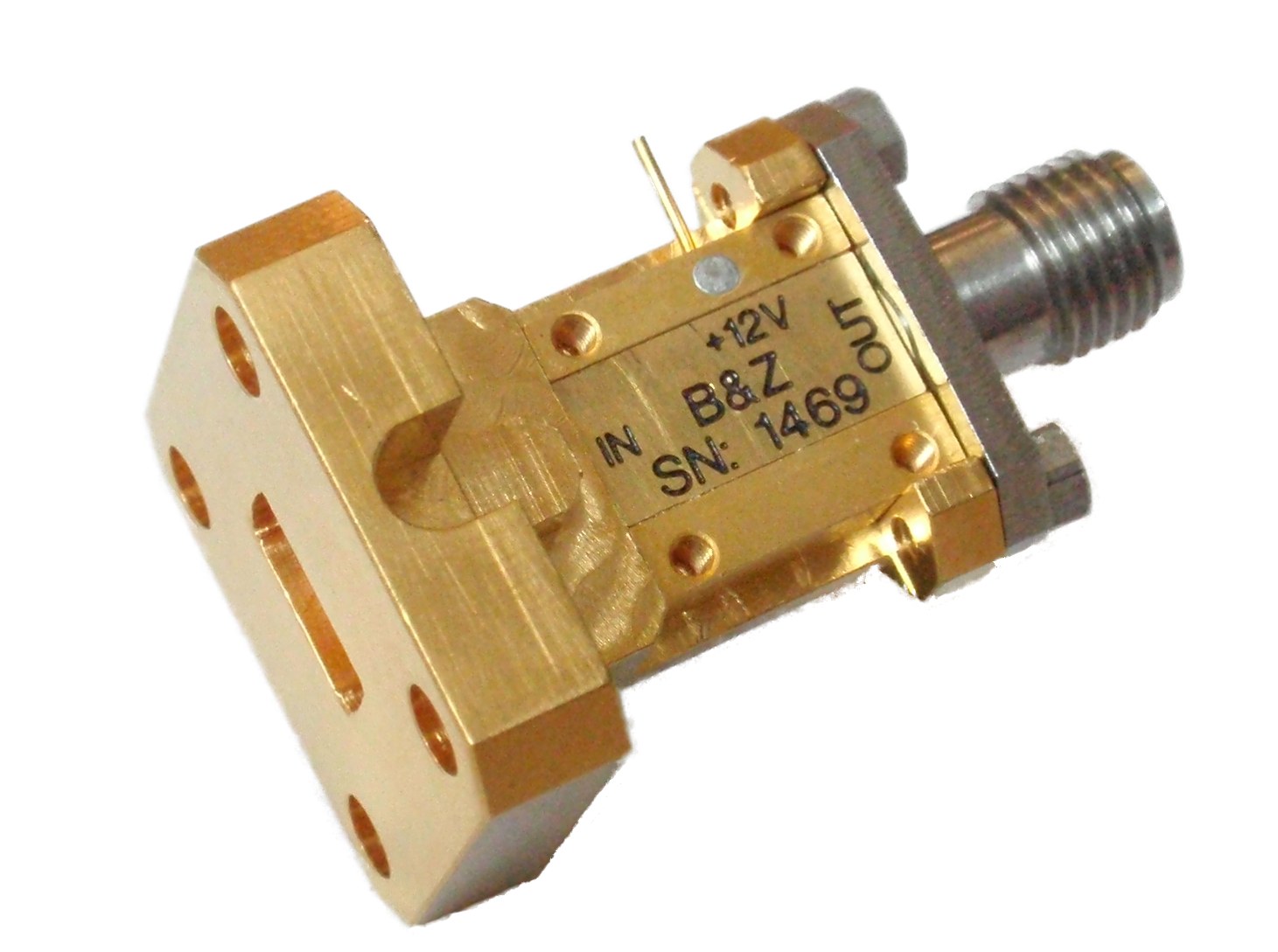 B&Z Technologies WR28 waveguide amplifier housing (manufacturer outline 100145), illustrative family photograph only